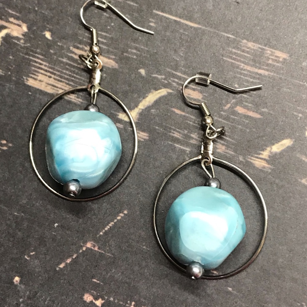 Blue bead hoops dangle earrings MunandMe handmade - Picture 3 of 5